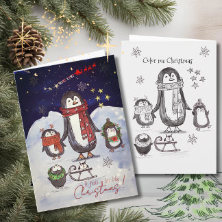 Adorable Hand Drawn Penguin Family Christmas Card Feestdagen Kaart