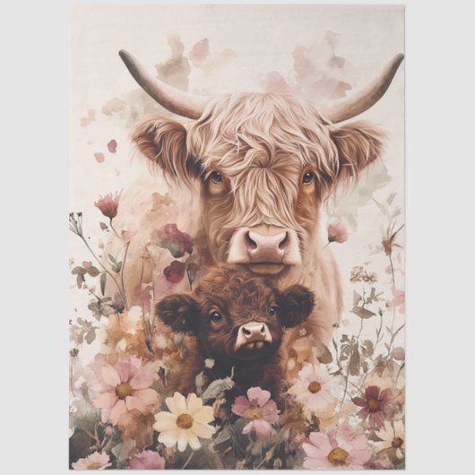Adorable Highland Cow Calf with Mom Decoupage Tissuepapier (Voorkant)