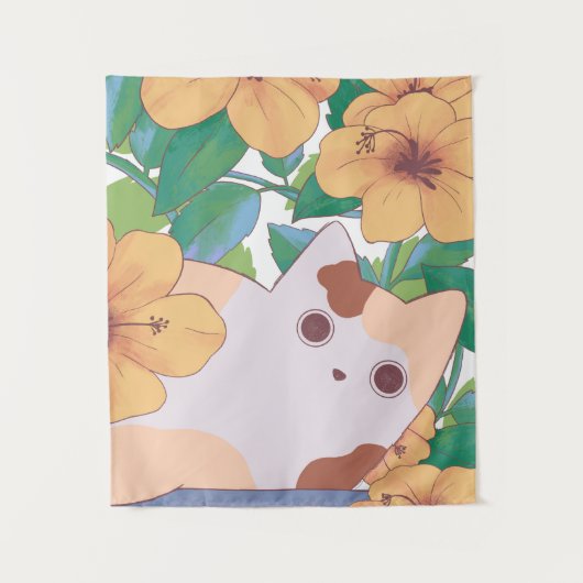 Adorable Kat met Bloemen Wandkleed (Voorkant)