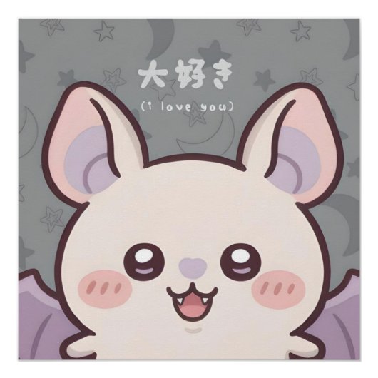 Adorable Kawaii Bat Poster - "Daisuki" (I Love You (Voorkant)