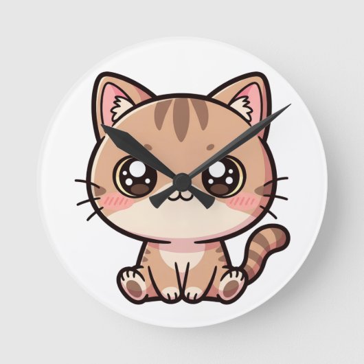 Adorable Kawaii Cat Chibi Illustration Ronde Klok (Voorkant)
