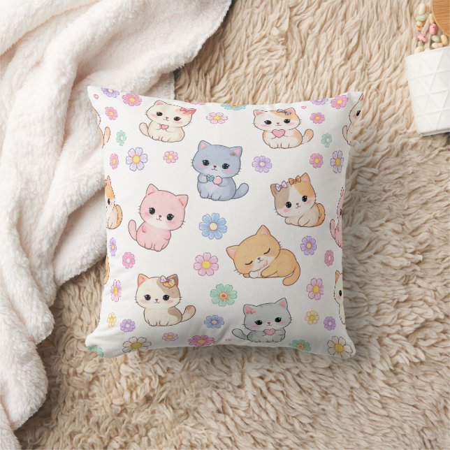 Adorable Kawaii Pastel Kitten and Floral Pattern  Kussen (Deken)