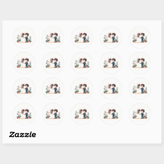 Adorable Kawaii Wedding Scene Ronde Sticker (Vel)