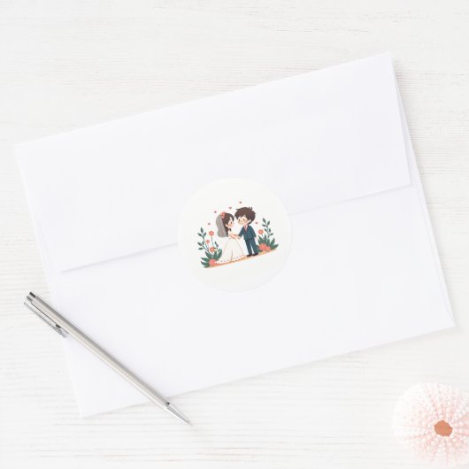 Adorable Kawaii Wedding Scene Ronde Sticker (Envelop)