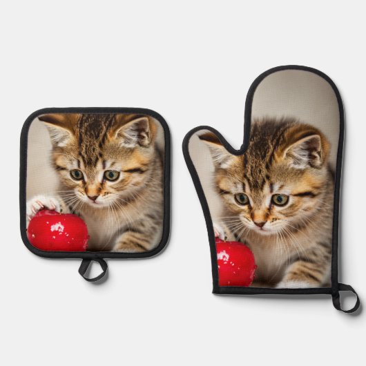adorable kitten and love red apple ovenwant & pannenlap set (Voorkant)