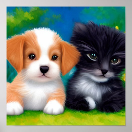 Adorable Kitten And Puppy Relaxing On The Lawn Poster (Voorkant)