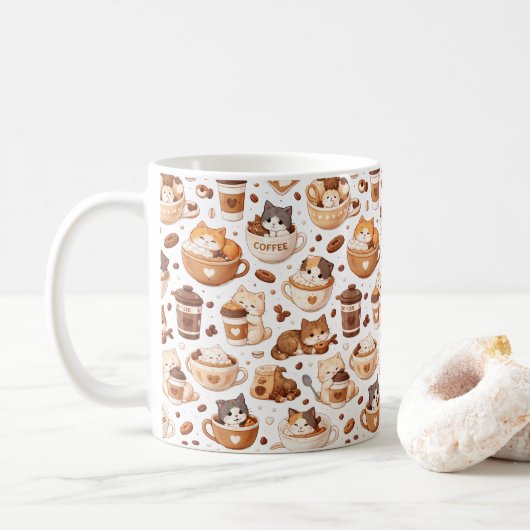 Adorable Kitten & Coffee Pattern Mok (Met donut)