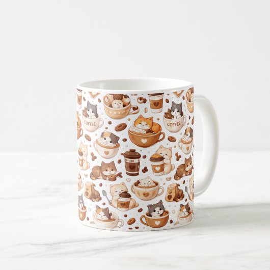 Adorable Kitten & Coffee Pattern Mok (Voorkant rechts)