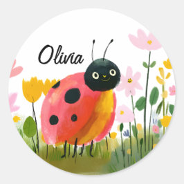 Adorable Ladybug Girl's Name Wildflowers Ronde Sticker