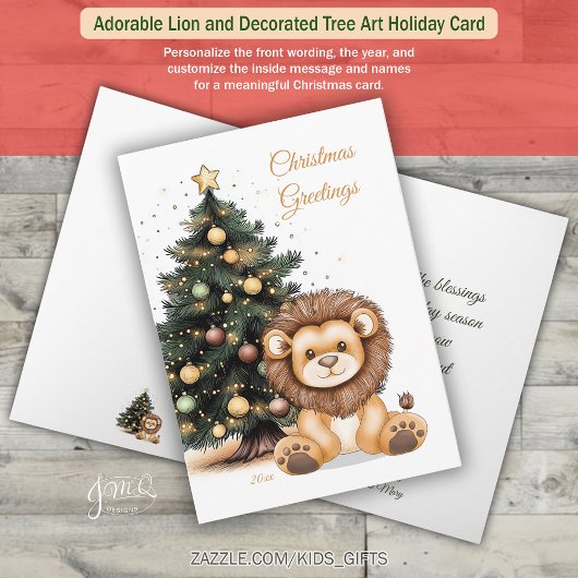 Adorable Lion and Decorated Tree Art Feestdagen Kaart