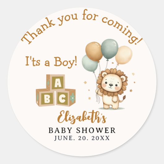 Adorable Lion Baby Shower Boy Ronde Sticker (Voorkant)
