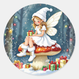 Adorable Little Christmas Fairy on Mushroom Ronde Sticker