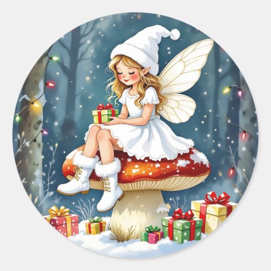 Adorable Little Christmas Fairy on Mushroom Ronde Sticker (Voorkant)