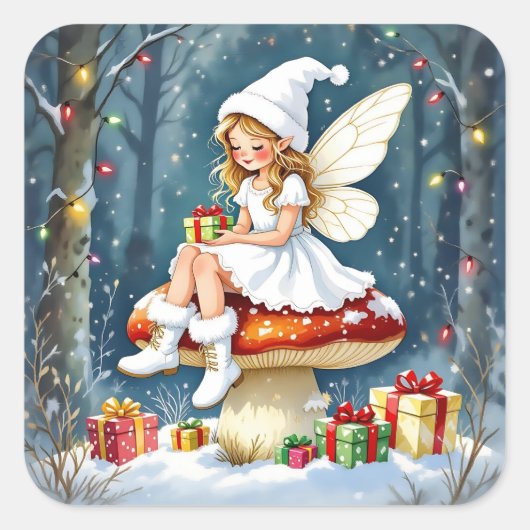 Adorable Little Christmas Fairy on Mushroom Vierkante Sticker (Voorkant)