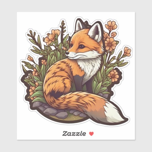Adorable little fox and flowers sticker (Vel)