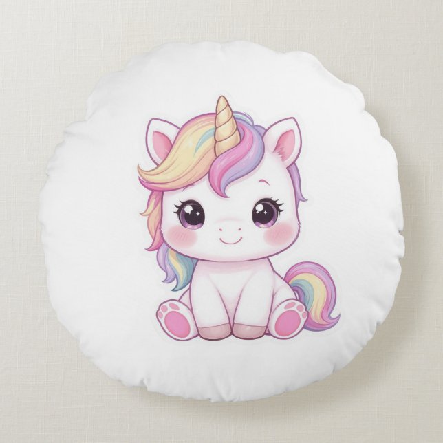 Adorable Magical Unicorn Sticker Illustration Rond Kussen (Voorkant)