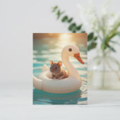 Adorable Mouse Floating on a Swan Float Briefkaart (Staand voorkant)