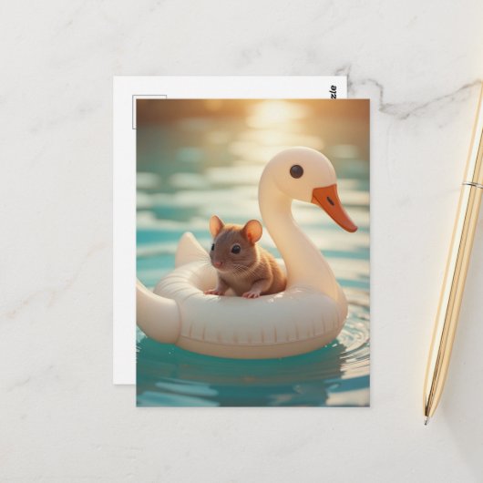 Adorable Mouse Floating on a Swan Float Briefkaart (Voorkant / Achterkant in situ)