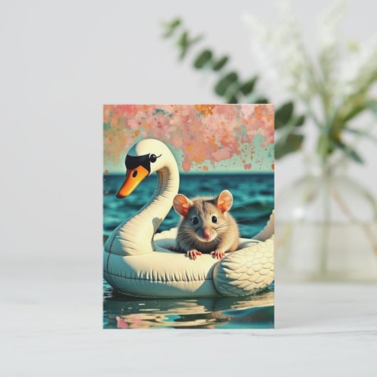Adorable Mouse on a Swan Float Briefkaart (Staand voorkant)