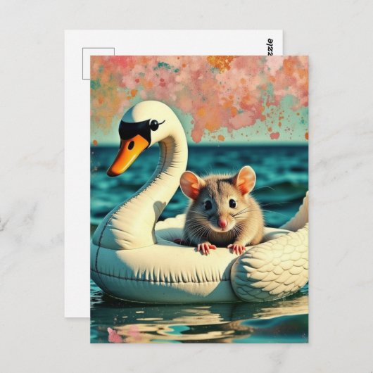 Adorable Mouse on a Swan Float Briefkaart (Voorkant / Achterkant)