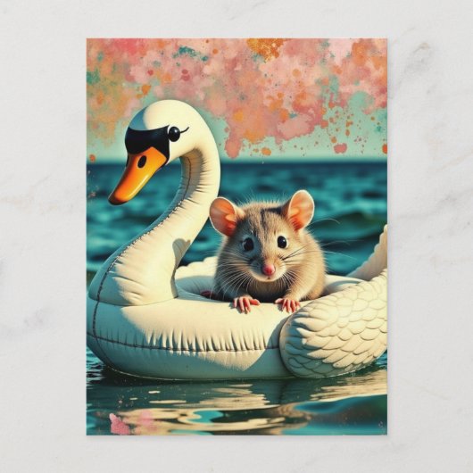 Adorable Mouse on a Swan Float Briefkaart (Voorkant)