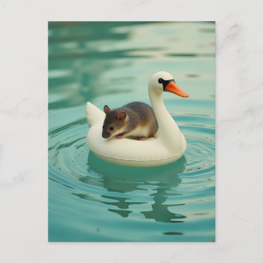 Adorable Mouse on a Swan Pool Float Briefkaart (Voorkant)