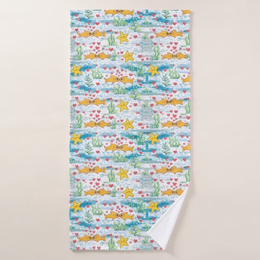 Adorable Ocean Love Pattern | Cute Fish & Starfish Badhanddoek (Badhanddoek)