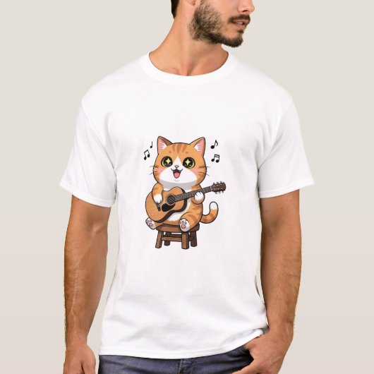 Adorable Orange Tabby Cat Playing Acoustic Guitar T-shirt (Voorkant)