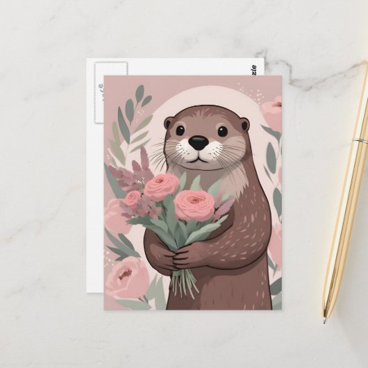 Adorable Otter With Flowers Briefkaart (Voorkant / Achterkant in situ)