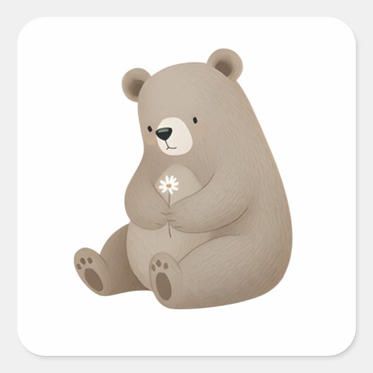 Adorable Ours Brun à la Marguerite – Illustration  Vierkante Sticker (Voorkant)