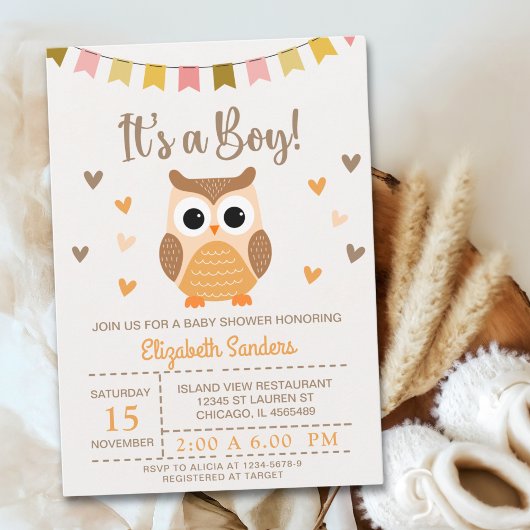 Adorable Owl Baby Shower Invitation – 'It's a Boy' Kaart