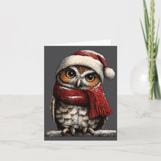 Adorable Owl With Santa Hat Snowy Winter Christmas Kaart (Voorkant)