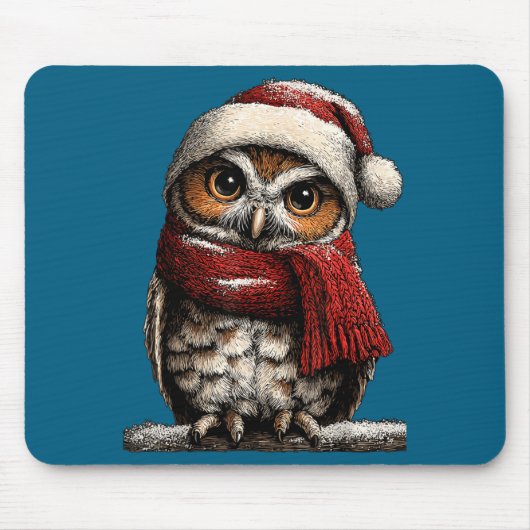 Adorable Owl With Santa Hat Snowy Winter Christmas Muismat (Voorkant)