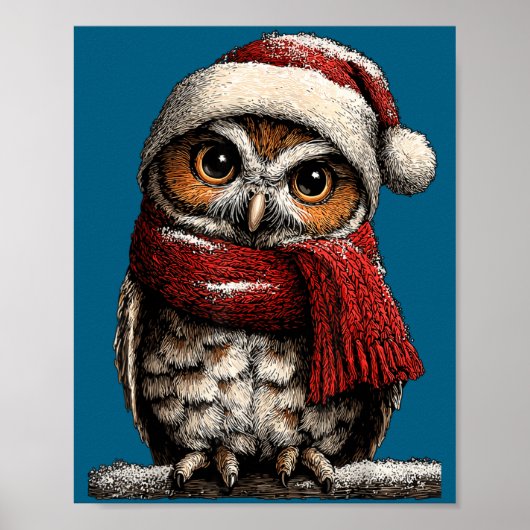 Adorable Owl With Santa Hat Snowy Winter Christmas Poster (Voorkant)