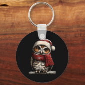 Adorable Owl With Santa Hat Snowy Winter Christmas Sleutelhanger (Voorkant)
