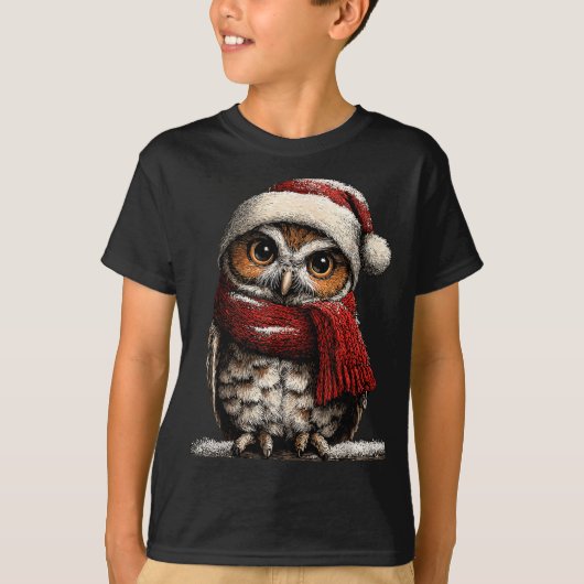 Adorable Owl With Santa Hat Snowy Winter Christmas T-shirt (Voorkant)