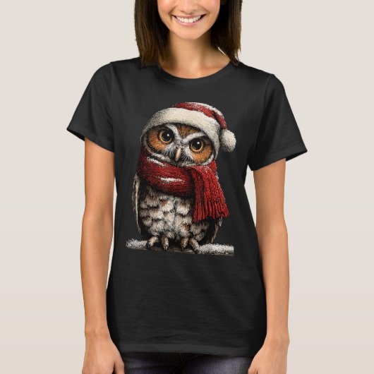 Adorable Owl With Santa Hat Snowy Winter Christmas T-shirt (Voorkant)
