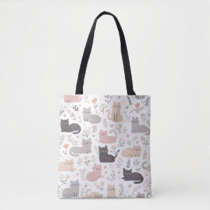 Adorable Pastel Kat & Bloemmotief Schoudertas Tote Bag
