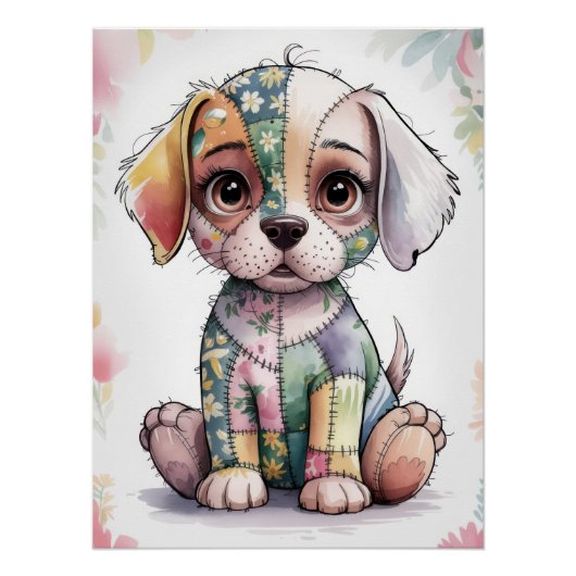 Adorable Patchwork Puppy with Big Eyes - Whimsical Perfect Poster (Voorkant)