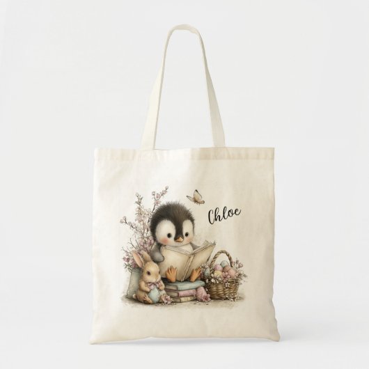 Adorable Penguin Reading Scene Illustration Tote Bag (Voorkant)