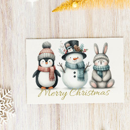 Adorable Penguin, Snowman & Bunny “Merry Christmas Feestdagenkaart