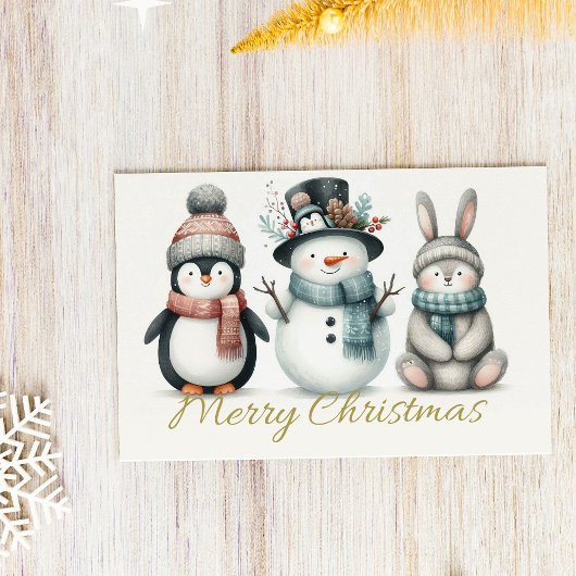 Adorable Penguin, Snowman & Bunny “Merry Christmas Feestdagenkaart