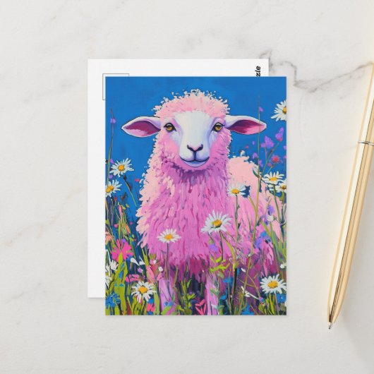 Adorable Pink Sheep in the Flowers Briefkaart (Voorkant / Achterkant in situ)
