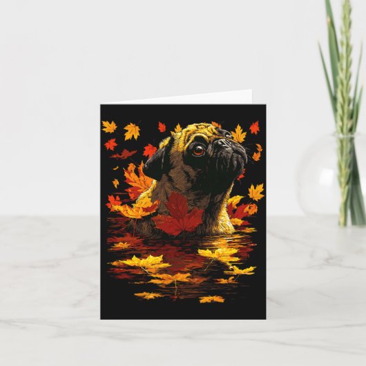 Adorable Pug With Forest Leaves Cozy Autumn Dog Fa Kaart (Voorkant)