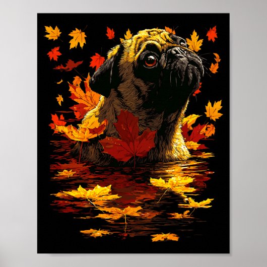Adorable Pug With Forest Leaves Cozy Autumn Dog Fa Poster (Voorkant)