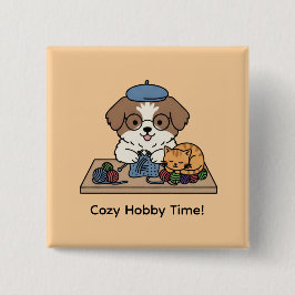 Adorable Puppy Breiend met Vriend Hobby Kunst Spel Vierkante Button 5,1 Cm