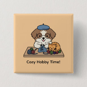 Adorable Puppy Breiend met Vriend Hobby Kunst Spel Vierkante Button 5,1 Cm