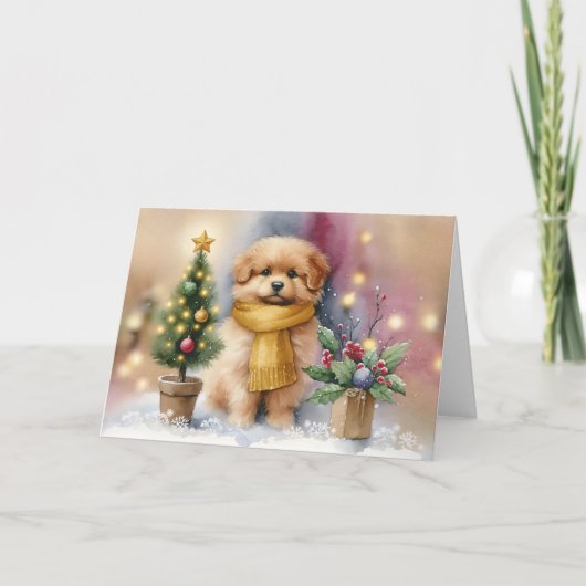 Adorable Puppy with Yellow Scarf & Christmas Tree Kaart (Voorkant)