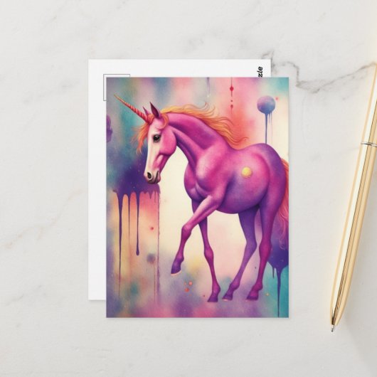 Adorable Purple Unicorn Fantasy Briefkaart (Voorkant / Achterkant in situ)