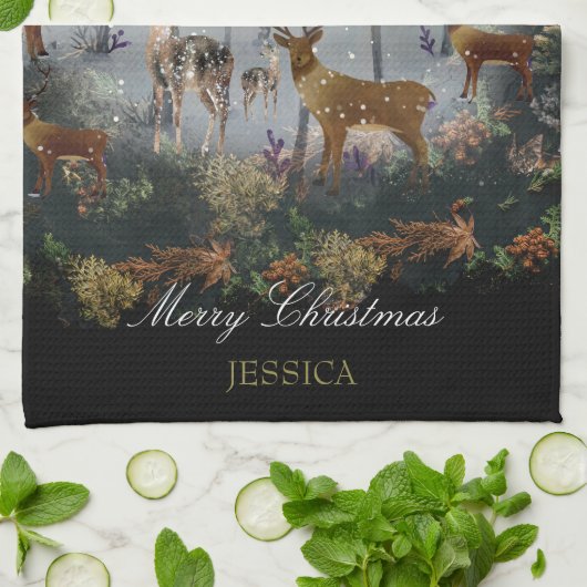 Adorable Reindeer At Night Theedoek (Gevouwen)